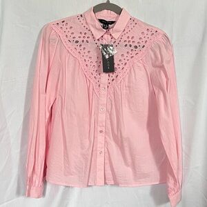 New Look Pastel Pink Eyelet Western Cotton Button Blouse Women’s Size 4 Small